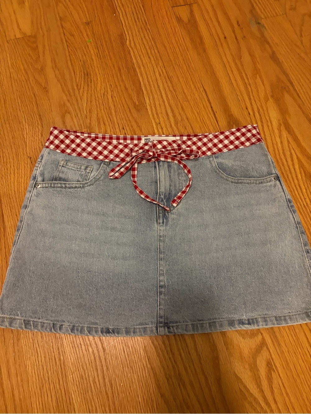Light Blue Denim Mini Skirt with Red Gingham Tie